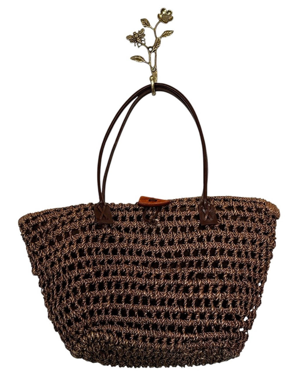 Vintage Y2K Express Brown Woven Straw Bag With Leather Straps